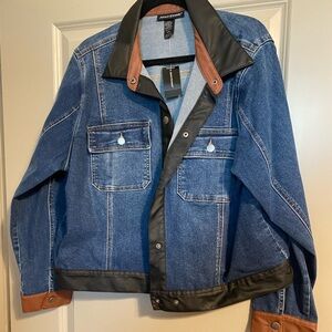 Denim jacket with faux leather trim